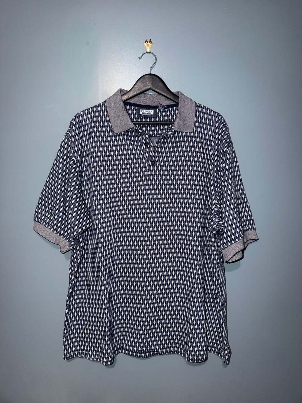 Premier International For Men Geometric Diamond Pattern Polo Shirt Navy Blue XL